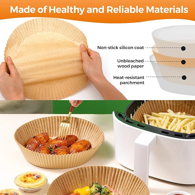 Air Fryer Paper Liners Disposable: 100PCS Round Airfryer Oven Insert Parchment Sheets Grease and Water Proof Non Stick Basket Liners for Baking Cooking from ctizne