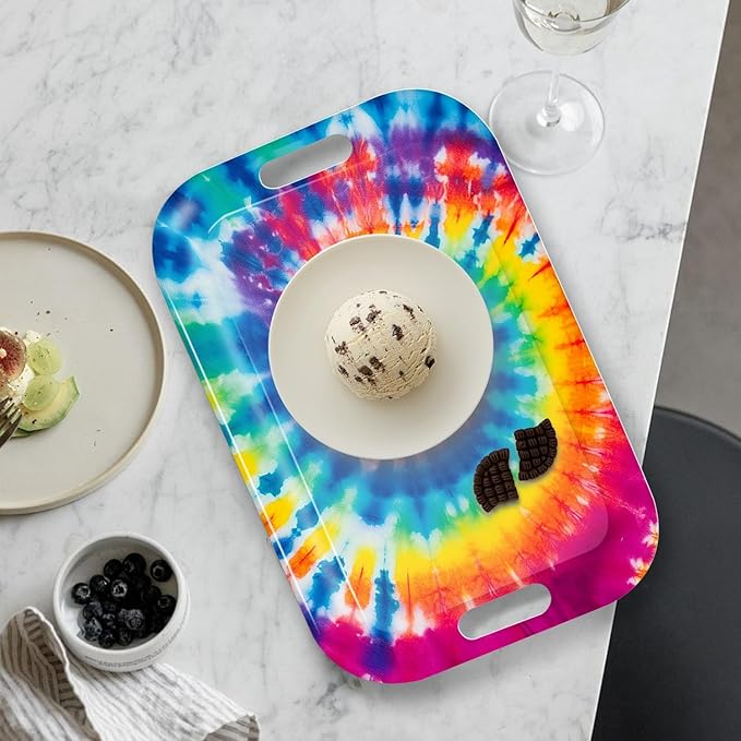 Serving Trays with Handles, 14.5 x 9.8 inch Rectangular Plastic Tray for Restaurant, Kitchen, Tie-Dye Colorful Spiral Patterns