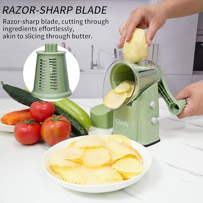 Rotary Cheese Grater Shredder - Upgraded 5 in 1 Cheese Grater with Handle and Strong Suction Base, Multi-purpose Julienne Slicer Ice Shaver Nuts Grinder for Ice, Vegetables, Fruit, Nuts