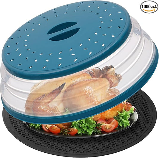 WENWELL Large Microwave Splatter Cover & Silicone Mat,12 Inchs Vented Collapsible Guard dish Plate lid & Round Kitchen mat for food