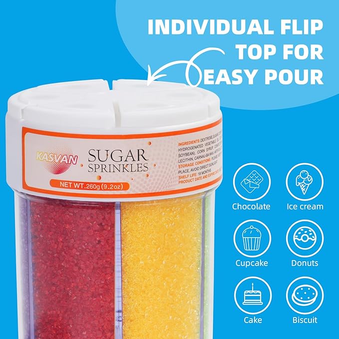 KASVAN Edible Sanding Sugar Sprinkles, 9.2oz Rainbow Sugar Sprinkles, 6 Colors Pink Blue Purple Yellow Green Red, Sparkling Crystals for Cake, Cupcakes, Cookies & Desserts