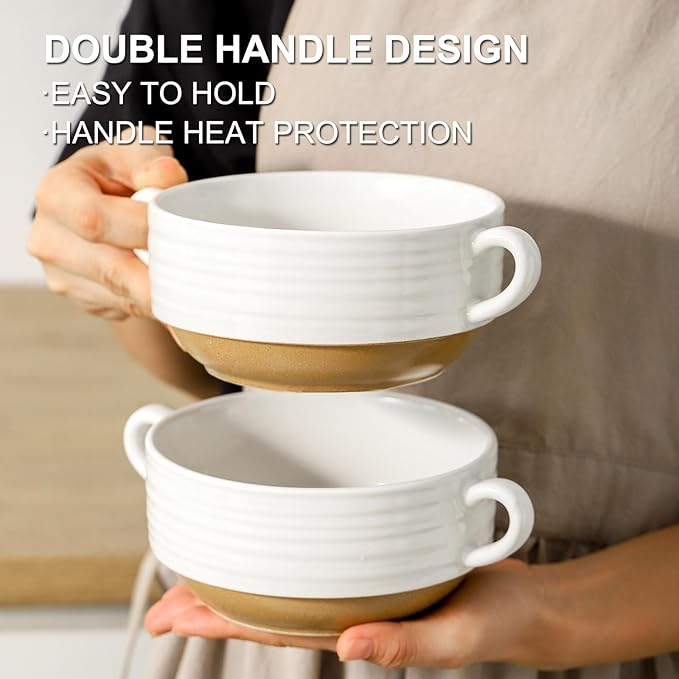 Hasense French Onion Soup Bowls, 20 oz Ceramic Soup Bowls with Handle, Stacked Oven Safe Bowl Set, Perfect for Chili, Beef Stew, Pasta, White Soup Serving Bowls for Kitchen, Set of 4