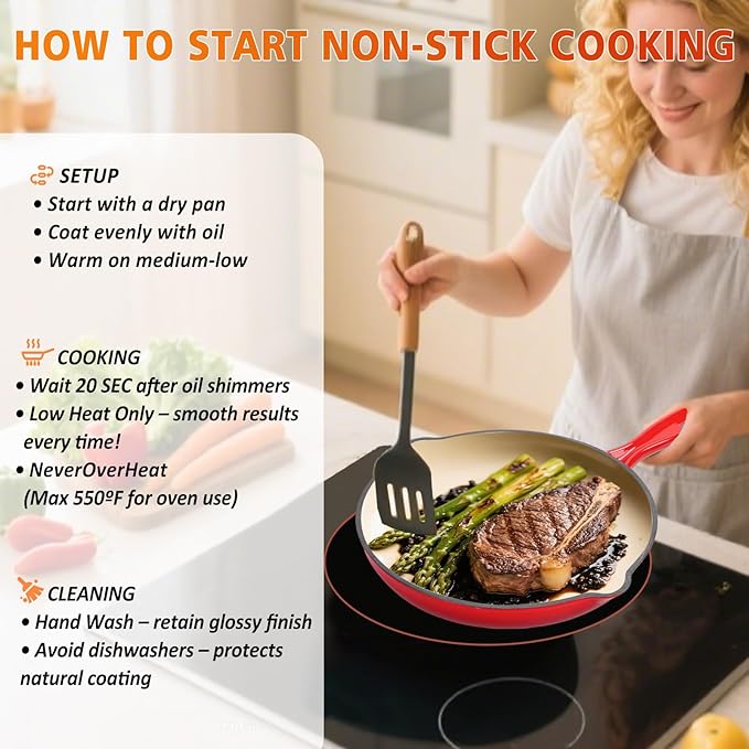 Hisencn Enameled Cast Iron Cookware Set - 7 Piece Dutch Ovens Set, Sauce Pan, Skillet, 3 Lids, Pots and Pans Set, Ceramic Coated Cast Iron, Heavy Duty, Gas/Induction Compatible, PFA Free, Rouge Red