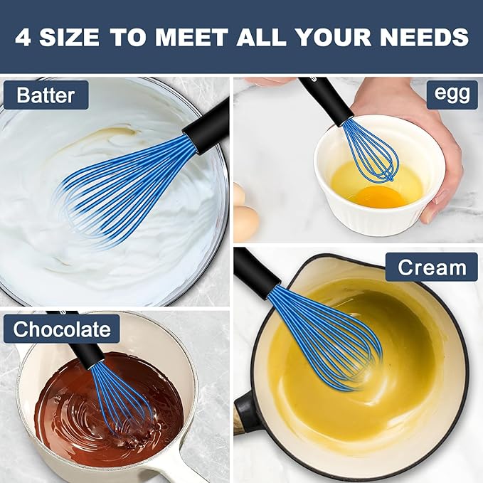Silicone Whisk, Whisk Non Scratch Whisk for Cooking, 5+7+9+11in Balloon Whisk, Suitable for Mixing, Blending. 11in Flat Whisk great for Ceramic Coated pans and Wider shallower pots. (Blue)