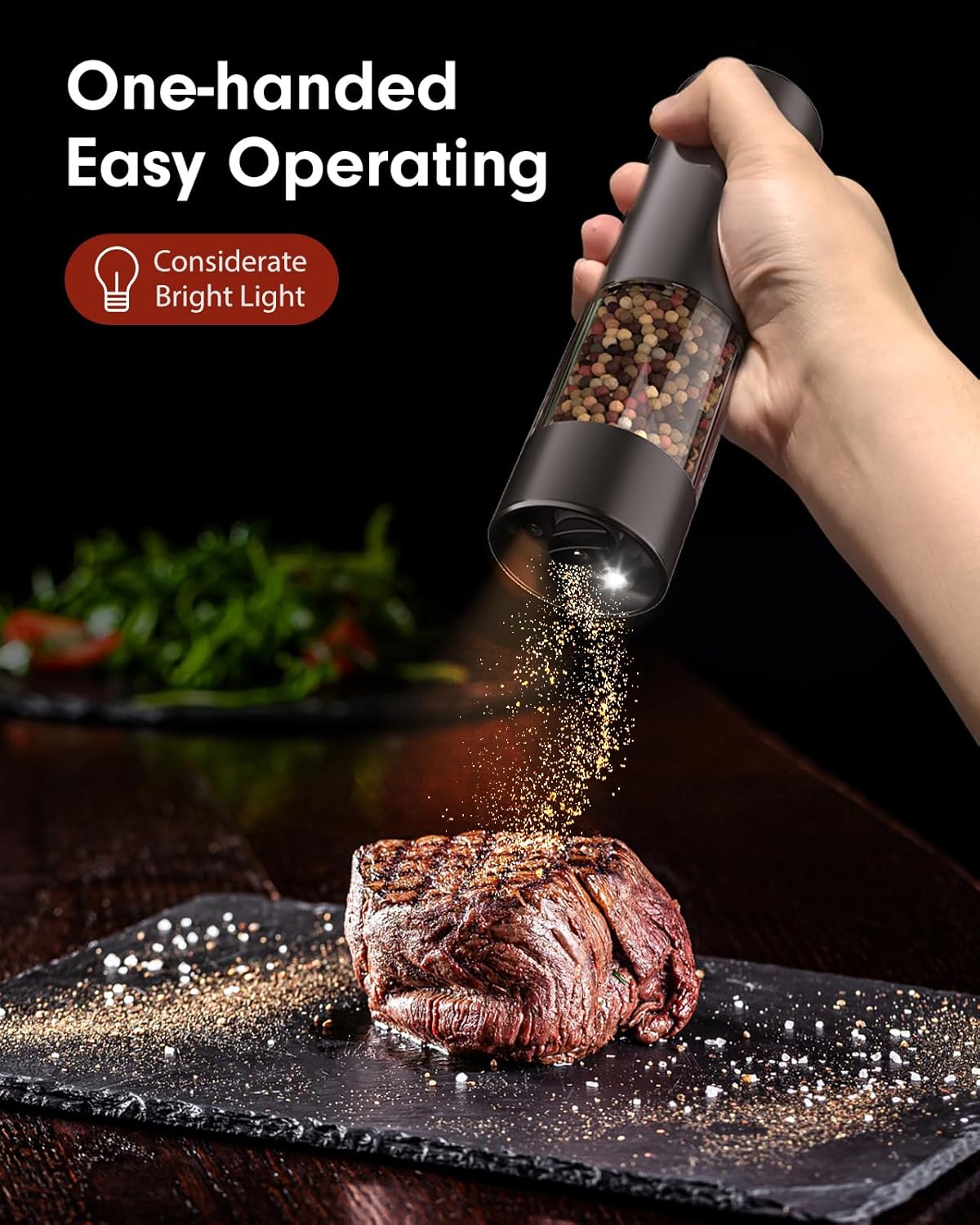 Upgraded Larger Capacity Electric Salt and Pepper Grinder Set Rechargeable with LED lights, Stainless Steel Automatic Pepper and Salt Grinder Refillable with 5 Adjustable Coarseness Black - White