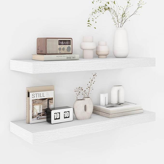 Fun Memories 24 Inch Floating Shelves - Deep Rustic White Wooden Wall Shelves - Extra Deeper & Thicker Wall Mounted Storage Shelf for Bedroom, Kitchen, Farmhouse - 2 Pack, Rustic White