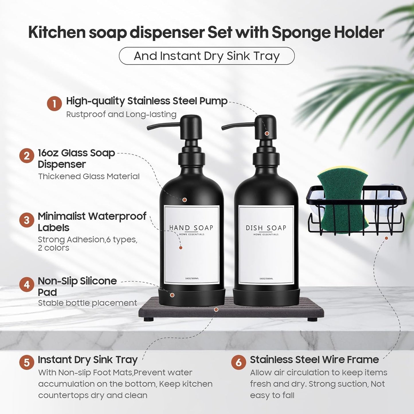 Kitchen Soap Dispenser Set with Instant Dry Tray & Sponge Holder,16 Oz Hand and Dish Soap Black Glass Dispenser Set,Stainless Steel Pump,Waterproof Labels,Luxury Soap Bottle for Bathroom