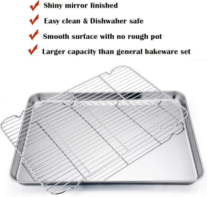 P&P CHEF 19.6 Inch Baking Sheet Pan with Rack Set, Stainless Steel Cookie Sheet Pan Tray with Cooling Rack for Oven Use, Cooking Roasting, Non Toxic & Dishwasher Safe, Heavy Duty