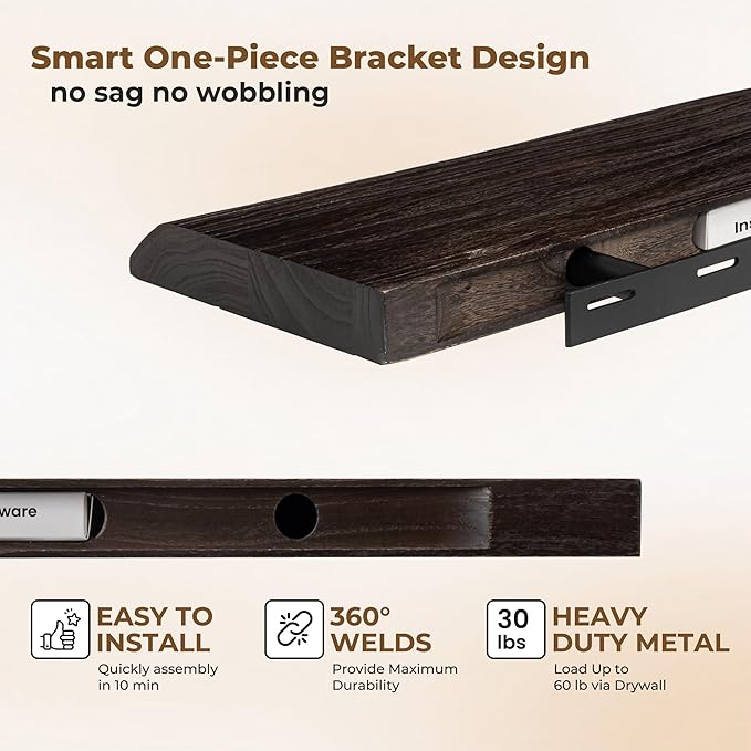 Axeman 32 inch Floating Shelves for Wall - 8'' D Live Edge Rustic Solid Elm Wood Floating Shelves Wall Mounted, Wall Shelves with Invisible Bracket for Living Room Bedroom Kitchen, Set of 2 Walnut