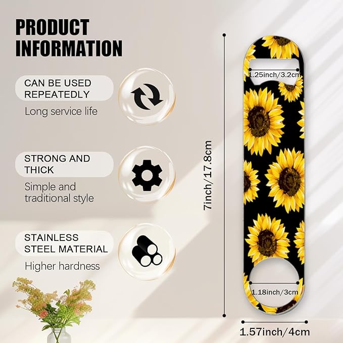 2 PACK Beer Bottle Opener, Stainless Steel Flat Bottle Openers,7 inch Metal Decor,Sunflowers On Black Background