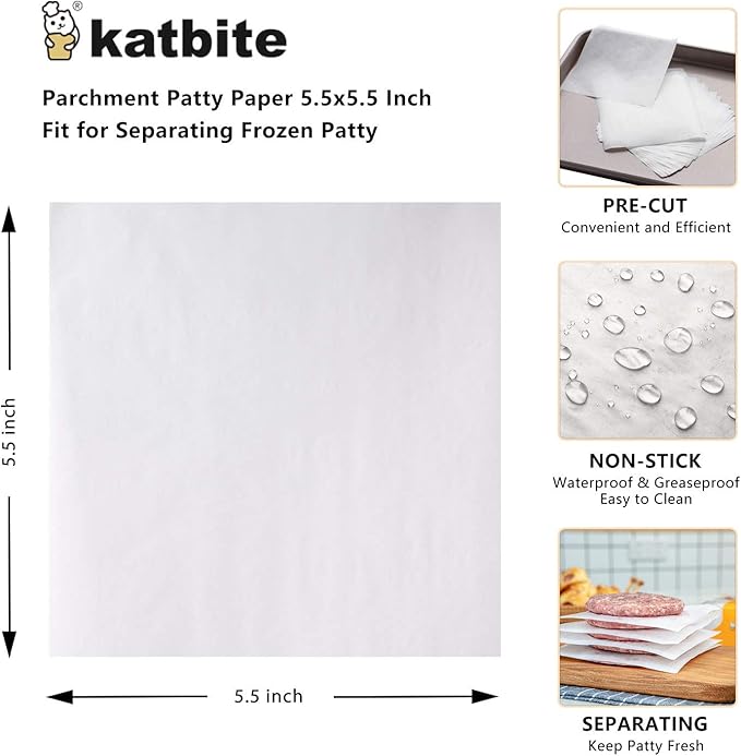 Katbite Hamburger Patty Paper 1000Pcs, 5.5"x5.5" Non Stick Parchment Paper Squares Sheets for Patty Seperate, Burger Press, Ground Beef, Freezing or Candy Wrappers, Use for Oven, Microwave or Freezer