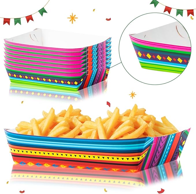 Mexican Taco Nights Food Trays 100Pcs Hispanic Heritage Month Mexican Nacho Popcorn Assembled Trays Snack Candy Holder Disposable Paper Plates Birthday Carnival Party Picnic Food Containers