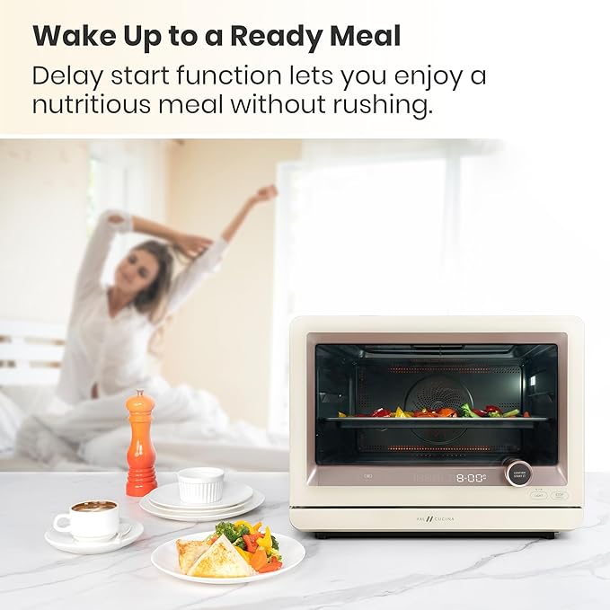 7-in-1 Steam Convection Oven Countertop with Air Fry, Bake, Sous Vide, Ferment, Built-in Recipes | Anti-Scalding, Self Clean, Food-grade Stainless Steel Cavity & Accessories | 1500W