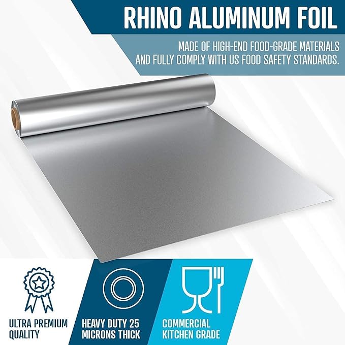 Rhino Aluminum Heavy Duty Aluminum Foil - 18 x 525 sf Roll, 25 Microns Thick - Commercial Grade & Extra Thick, Strong Enough for Food Service Industry (Pack of 1)