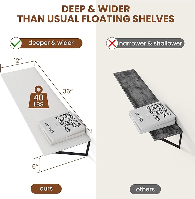 Heimlove White Deep Floating Shelves for Wall, 36W x 12D Wood Wall Shelves Set of 2, Wide Floating Bookshelf for Living Room, Kitchen, Office, Bedroom and Decor Storage, with Black Bracket - White