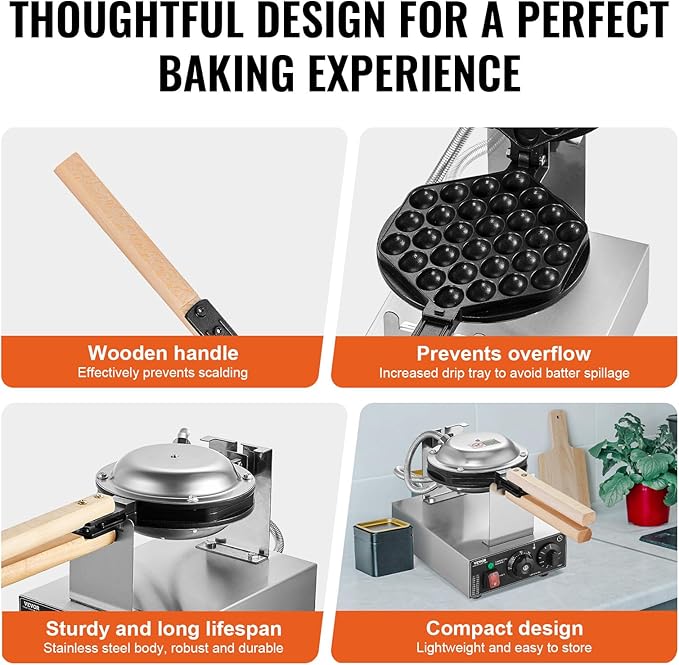 VEVOR Commercial Bubble Waffle Maker, 1400W Egg Pancake Baker Machine, Non-Stick Stainless Steel Egg Bubble Puff, 180° Rotatable, Temp and Time Control, Wooden Handle, for Restaurant Bakery Snack Bar