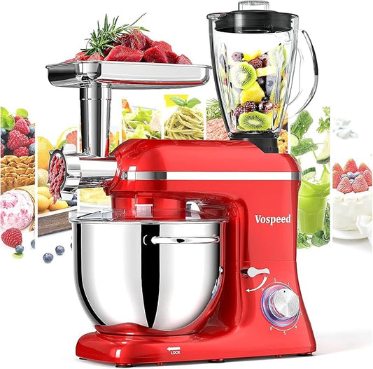 Vospeed 9 IN 1 Stand Mixer, 850W Tilt-Head Multifunctional Electric Mixer with 8 QT Stainless Steel Bowl, 1.5L Glass Jar, Meat Grinder, Hook, Whisk, Beater Dishwasher Safe (Red)