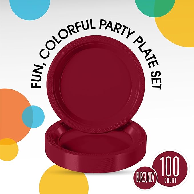 Exquisite Party Solids Burgundy Plastic Plates For Party 10" Burgundy Disposable Plates Heavy Duty Supplies 100 Pcs Plastic Dinnerware Sets Heavy Duty 350 GSM Disposable Dinnerware Set