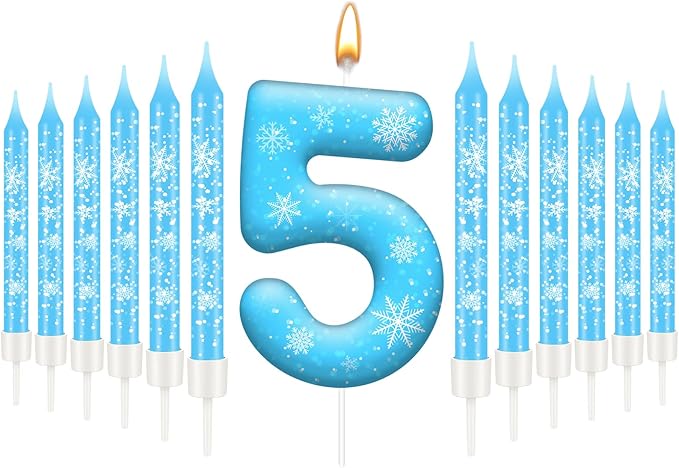 13PCS White and Blue Frozen Themed Party Birthday Candles Set - Blue Number Candles Snowflake Themed Decorations, Girls Party Supplies(Number 5)