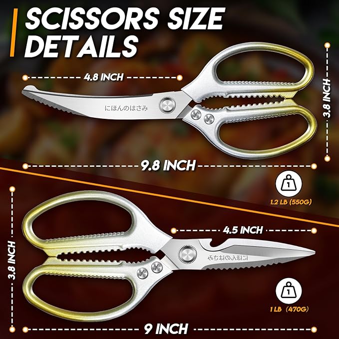 TIJERAS Kitchen Scissors Set Gold - Stainless Steel Kitchen Shear, Sharp Meat Scissors Dishwasher Safe, Heavy Duty Poultry Shears, Japanese Cooking Scissor for Food, Chicken Bones, and Turkey