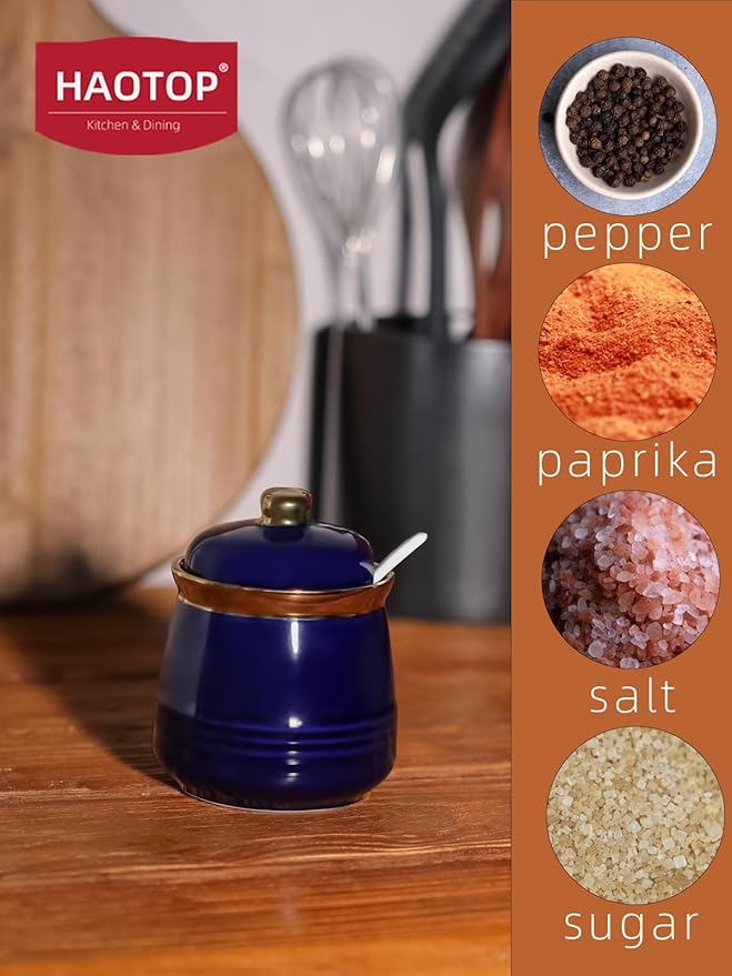 HAOTOP 12oz Sugar Bowl with Lid and Spoon,Simple Ceramic Sugar Jar Sugar Container Sugar Dispenser Coffee Bar Accessories, Modern Kitchen Countertop Canisters (Navy)