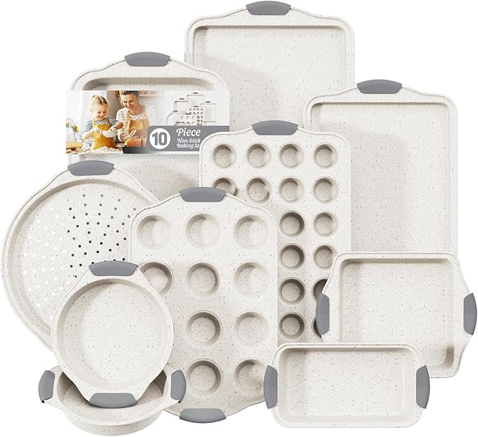 10-Piece Nonstick Baking Pans Set, Stackable Non Toxic Bakeware Sets with Cookie Sheets, Cake Pan, Loaf Pan, Pizza Pan, Muffin Pan, White&Gray