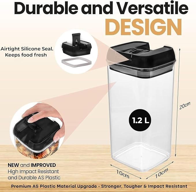 Shazo Airtight Food Storage Containers with Lids - 6 PC BPA Free Clear Plastic Cereal Containers with Easy Lock Lids for Kitchen and Pantry Organization for Snacks and Pasta - 1.2 L