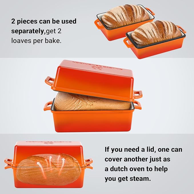 Enameled Cast Iron Loaf Pan with Lid, Best Bread Oven, Bread Loaf Pans for Baking Homemade Sourdough Bread 9x5, 2 Piece set, Flame