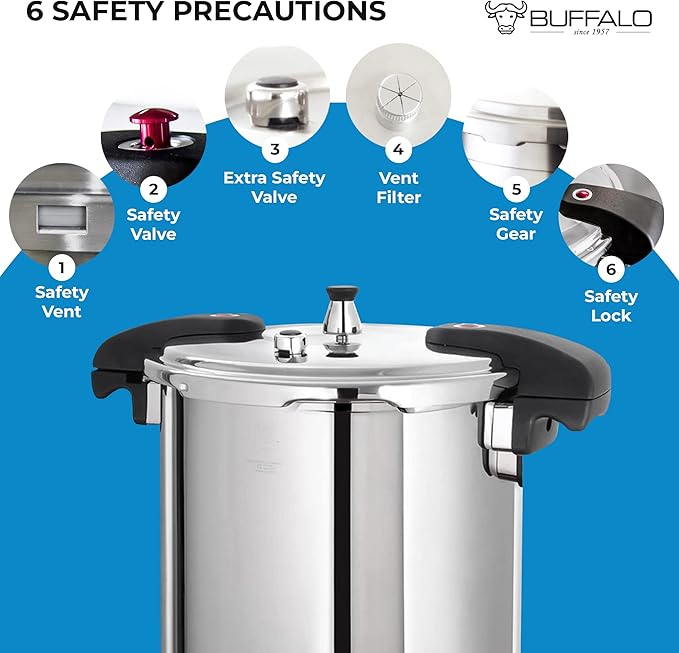 Buffalo Pressure Cooker 21 Qt Stainless Steel - Large Canning Pot with Lid for Home, Commercial Use - Easy to Clean Any Stove Top Pressure Canner, Can Cooker - SG Certificate QCP420