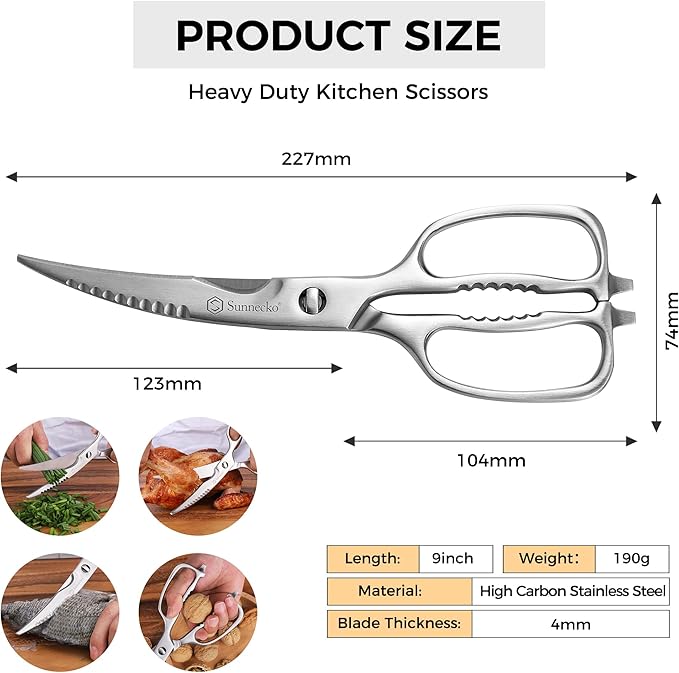 Sunnecko Kitchen Scissors for Food, Heavy Duty Scissors All Purpose Kitchen Shears That Come Apart, 9 Inch Fully Forged Stainless Steel with Curved Blades