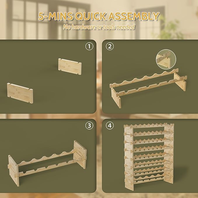 Wine Rack Freestanding Floor, Bamboo 8-Tier 69 Wine Bottle Holder Racks Countertop Cabinet Display, Wooden Stackable Modular Wine Storage Organizer Shelves for Kitchen Bar Cellar Dining Room Natural