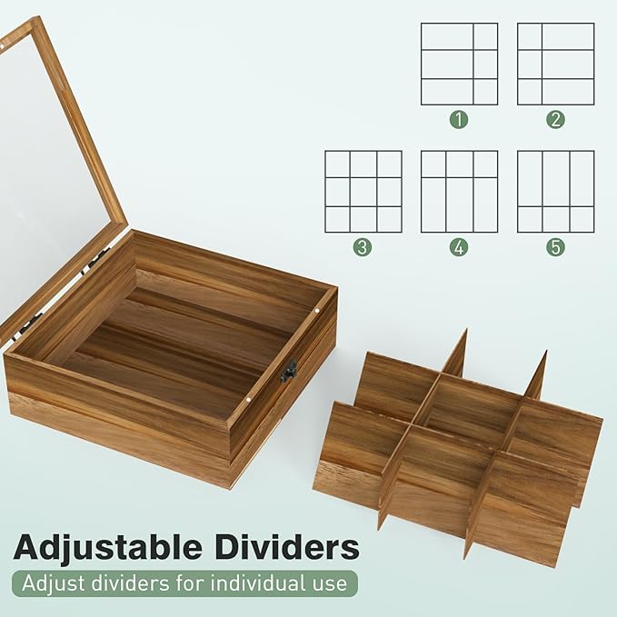 Acacia Wood Tea Bag Organizer Tea Storage Box with Clear Acrylic Top Window & 9 Compartments Tea Bag Holder for Home Office Gift (Acacia)