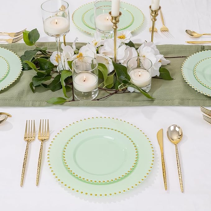 supernal 100pcs Green Disposable Plates - Green Heavy Duty Plastic Plates With Gold Beads - Include 10inch Dinner Plate and 7inch Plastic Dessert Plate - Disposable Serving Platters for Party,Wedding