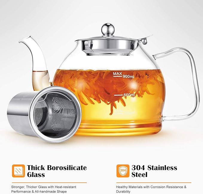 STNTUS Glass Teapot, 40 oz. / 1200 ml for Loose Tea, With Infuser and Stainless Steel Strainer, Stovetop Safe, 4-6 Cups