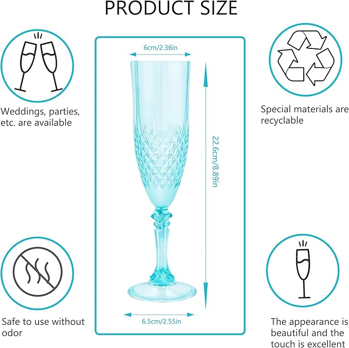 Plastic Champagne Flutes, 24PCS Light Cyan Wine Glasses Goblets Reusable Champagne Flute for Weddings, Bachelor Parties, Toasting, and Events(24,Light Cyan)
