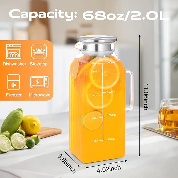 Aofmee 68oz Glass Pitcher for Bridge Door, 2 Liter Square Water Pitcher with Lid and Scale Line, Heat Resistant Tea Pitchers, Leak Proof Juice Jug, Borosilicate Glass Carafe for Hot/Cold Beverage