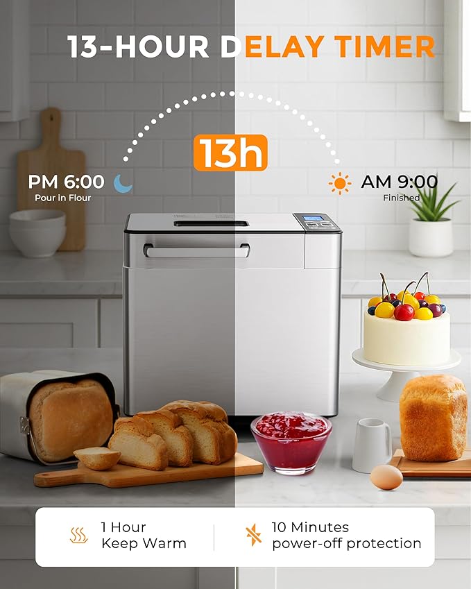 EUHOMY Bread Maker Machine 13 Program 2LB Bread Maker, Bread Machine with 3 Loaf Sizes and 3 Crust Colors, Breadmaker with Fruit & Nut Dispenser,Ideal for Family Gifts, Gluten Free