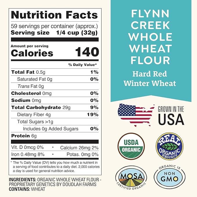 Organic Whole Wheat Flour 5 lb - Non-GMO, Pesticide-Free, Regenerative Organic Certified for Baking Bread, Pizza, Pasta, & More by Doudlah Farms