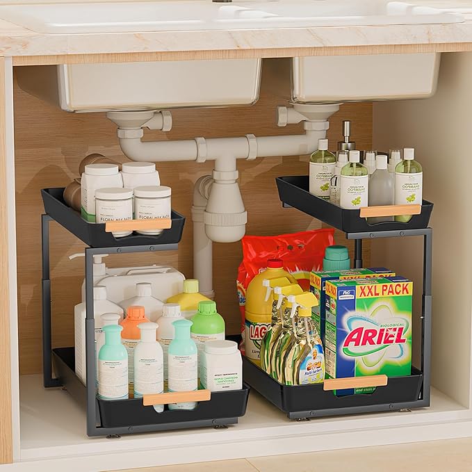 2 Pack Under Sink Organizer Pull 0ut, 3 Height Adjustable Under Kitchen Sink 0rganizer and Storage Black, 2 Tier Double Sliding Drawer Cabinet Organizer for Kitchen Bathroom Pantry