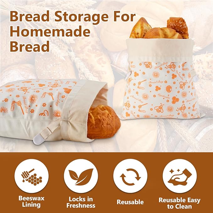 Reusable Bread Bags for Homemade Loaves, 2 Pack Cotton Beeswax Bread Bags, Extra Large Sourdough Bag, Beeswax Storage Bag to Keep Fresh