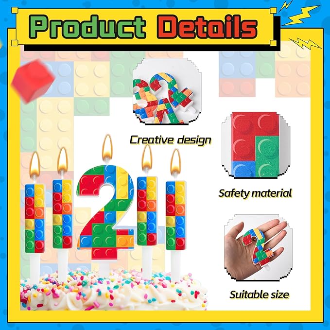 AXBMM 7 Pcs Building Block Themed Birthday Candles Set Building Blocks Number 2 Candle Cake Topper for Building Block Party Decoration Supplies (Number 2)