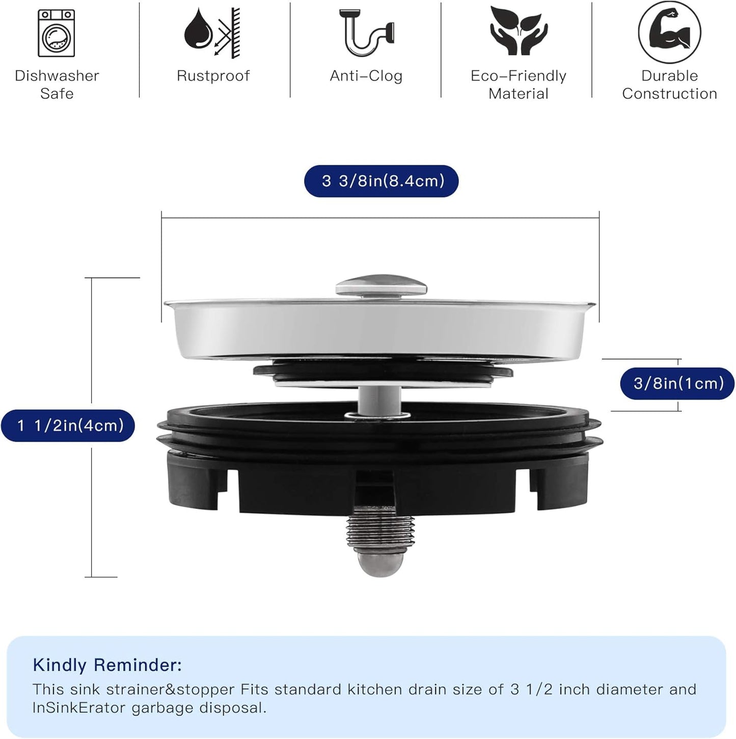 CLEESINK Kitchen Sink Strainer and Stopper Combo for Standard 3-3/8 Inch Drain