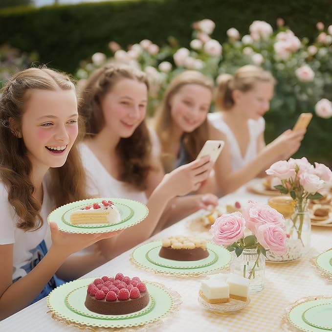 supernal 100pcs Green Disposable Plates - Green Heavy Duty Plastic Plates With Gold Beads - Include 10inch Dinner Plate and 7inch Plastic Dessert Plate - Disposable Serving Platters for Party,Wedding