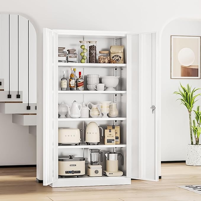 INTERGREAT Storage Cabinet, 72” Steel Locking Closet with Doors and 4 Adjustable Shelves, Tool Unit for Home Office, Garage & Tall Lockable File Cabinet, White.