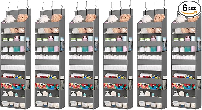 Lifewit 6 Packs Over the Door Organizer, 5 Shelf Clear Window Hanging Storage with 4 Mesh Side Pockets, Anti Tilt 40 lbs Load Behind Door for Pantry, Nursery, Bathroom, Bedroom, Kitchen, Dorm, Grey