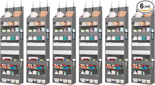 Lifewit 6 Packs Over the Door Organizer, 5 Shelf Clear Window Hanging Storage with 4 Mesh Side Pockets, Anti Tilt 40 lbs Load Behind Door for Pantry, Nursery, Bathroom, Bedroom, Kitchen, Dorm, Grey