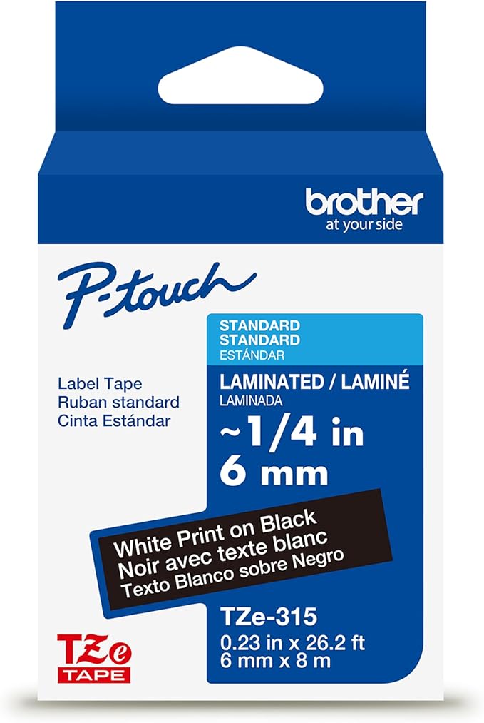 Brother Genuine P-Touch TZe White Print on Black Label Tape (TZe315), Laminated,1/4in x 26.2ft (6mm x 8m), for Select P-Touch Label Makers, Durable, Water-Resistant, Indoor/Outdoor Use