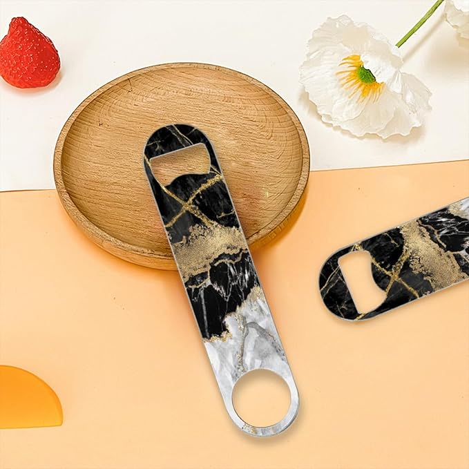 2 PACK Beer Bottle Opener, Stainless Steel Flat Bottle Openers,7 inch Metal Decor,Black And Golden Marble