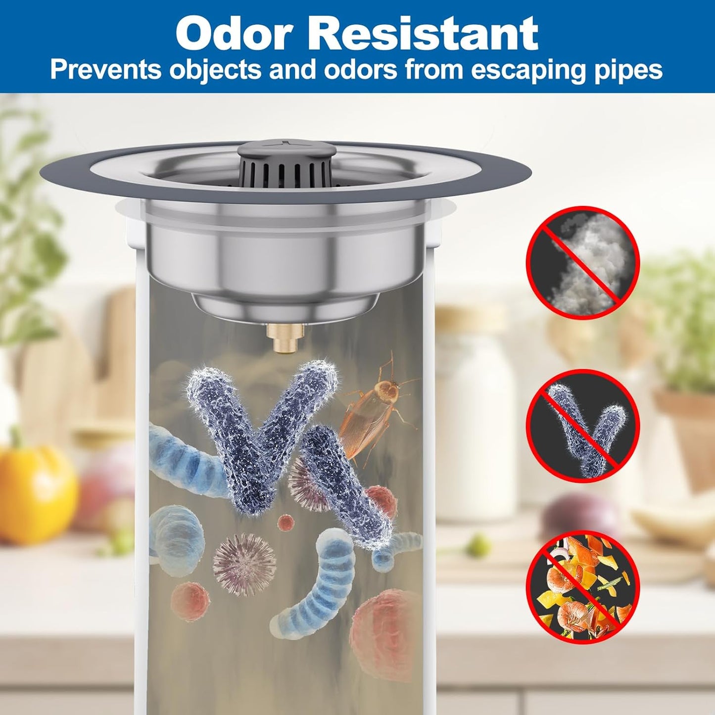 3 in 1 Universal Kitchen Sink Drain Strainer Stopper–304 Stainless Steel & Silicone Anti-Clog Basket,3-Layer Leak-Proof Ring for 3.5”US Standard Drains,Easy-Clean,Odor Isolation,No Installation