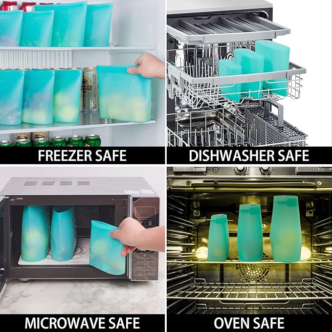 Reusable Food Bags, 12 Pack 100% Silicone Food Storage Bags Stand Up Zip Lock Container, Freezer Microwave Oven Dishwasher Safe, 4 Medium 4 Small 4 Extra Small, Aqua